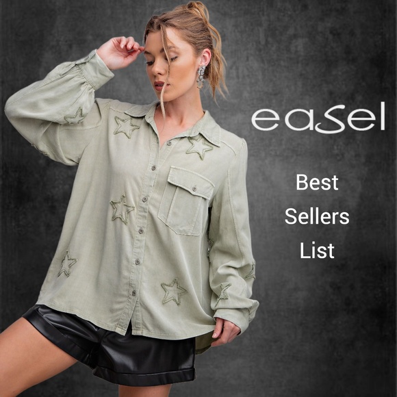 EASEL "STAR STRUCK" Super Soft Mineral Wash Lightweight Shirt, Embroidered Stars - Picture 5 of 16